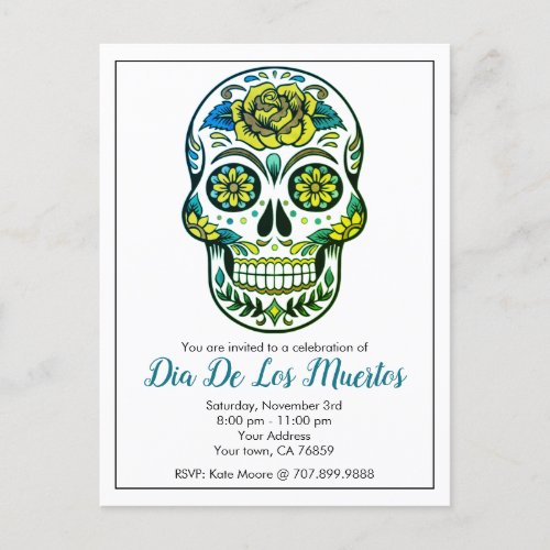 Dia De Los Muertos Sugar Skull With Flowers  Invitation Postcard