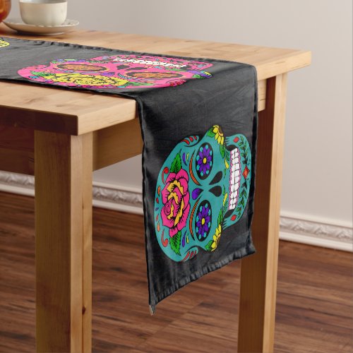 Da de los Muertos Sugar Skulls Dark Trees 14X72 Short Table Runner