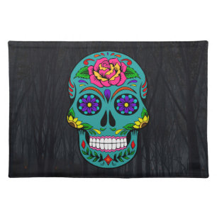Dia de los Muertos Teal Sugar Skull Cloth Placemat