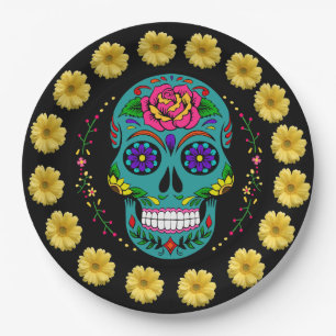 Dia de los Muertos Teal Sugar Skull & Daisies 9" Paper Plates