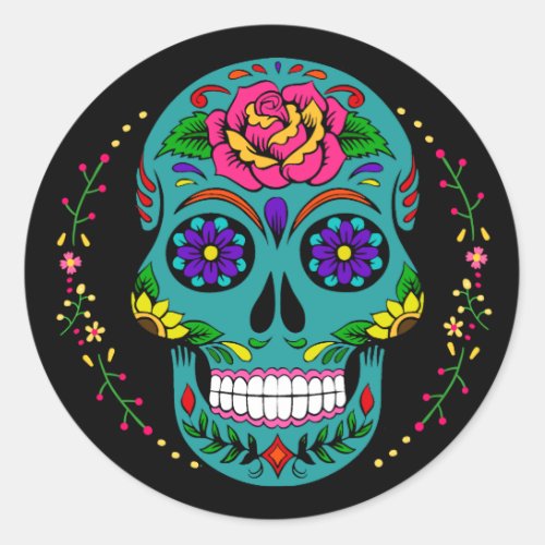 Da de los Muertos Teal Sugar Skull Halloween Classic Round Sticker