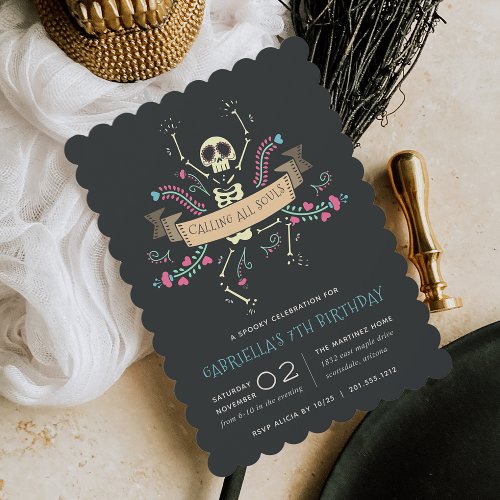 Da de los Muertos Theme Kids Birthday Party Invitation