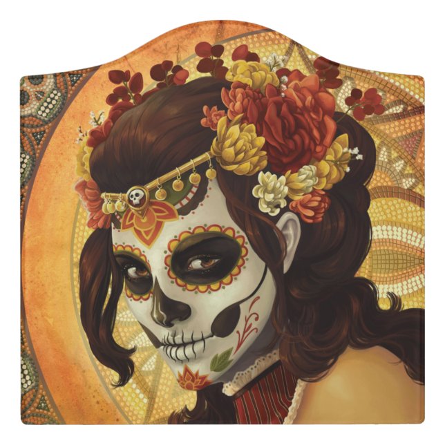 Dia De Los Muertos Throw Pillow Door Sign (Large Crest Front)