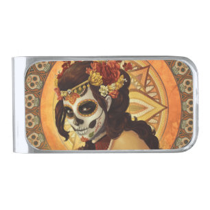 Dia De Los Muertos Throw Pillow Silver Finish Money Clip