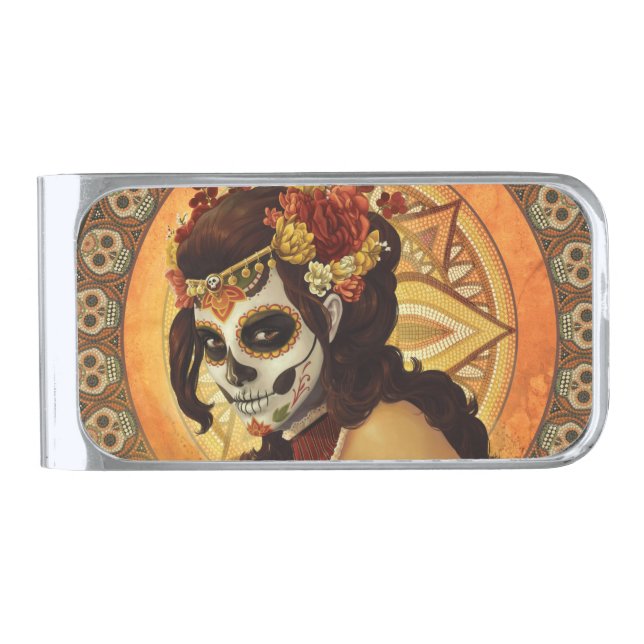 Dia De Los Muertos Throw Pillow Silver Finish Money Clip (Front)