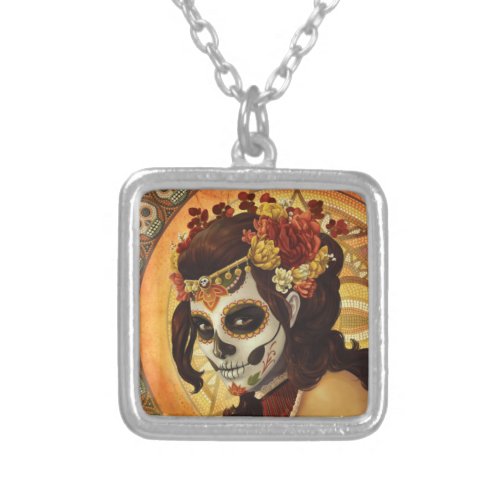 Dia De Los Muertos Throw Pillow Silver Plated Necklace