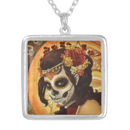 Dia De Los Muertos Throw Pillow Silver Plated Necklace