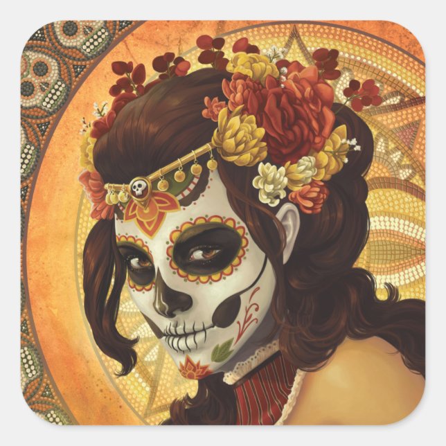 Dia De Los Muertos Throw Pillow Square Sticker (Front)