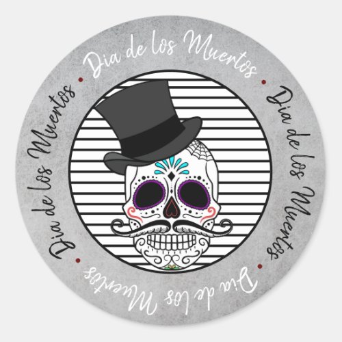 Dia De Los Muertos  Top Hat Skull  Stripe Classic Round Sticker
