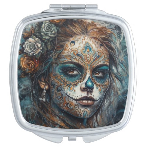 Dia de los Muertos turquoise painted face Compact Mirror