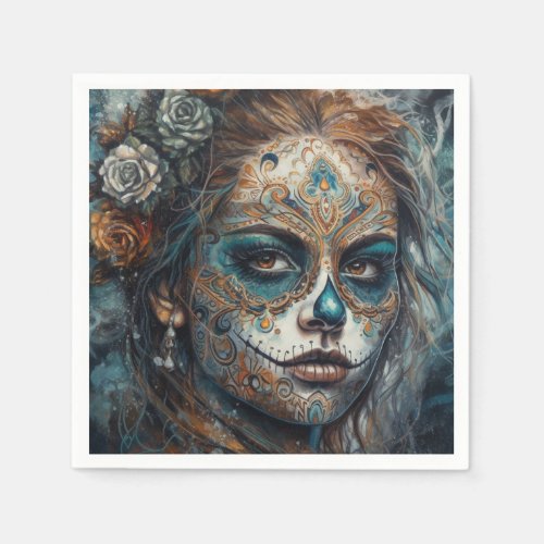 Dia de los Muertos turquoise painted face Napkins