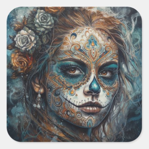 Dia de los Muertos turquoise painted face Square Sticker
