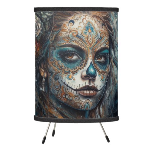 Dia de los Muertos turquoise painted face Tripod Lamp
