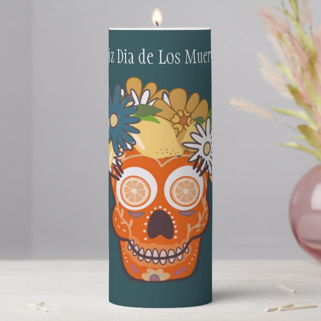 Dia de los Muertos Turquoise Sugar Skull Pillar Candle (In Situ)