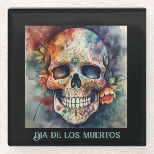 Dia de los Muertos watercolor floral painted skull Glass Coaster