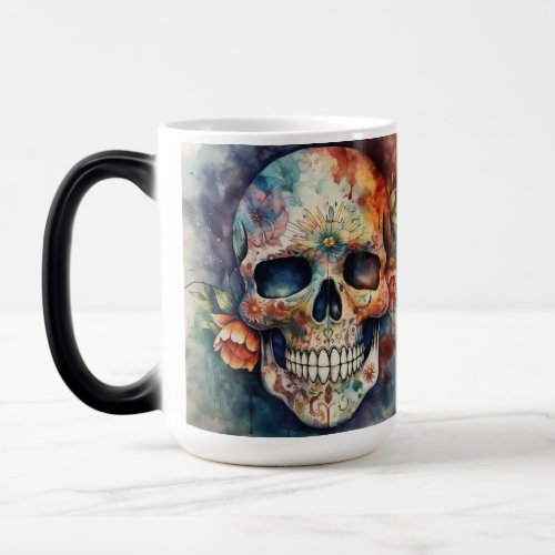 Dia de los Muertos watercolor floral painted skull Magic Mug