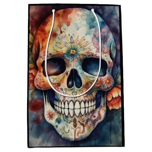 Dia de los Muertos watercolor floral painted skull Medium Gift Bag