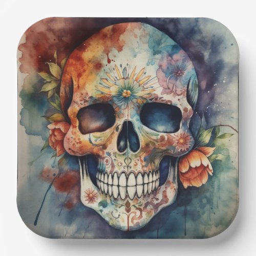 Dia de los Muertos watercolor floral painted skull Paper Plates