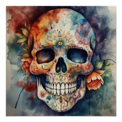 Dia de los Muertos watercolor floral painted skull Poster