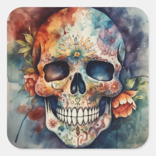 Dia de los Muertos watercolor floral painted skull Square Sticker
