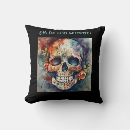 Dia de los Muertos watercolor floral painted skull Throw Pillow