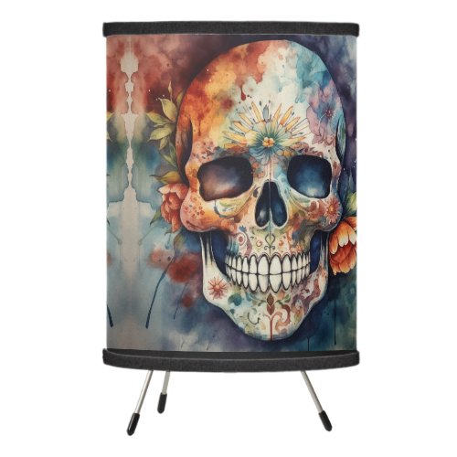 Dia de los Muertos watercolor floral painted skull Tripod Lamp