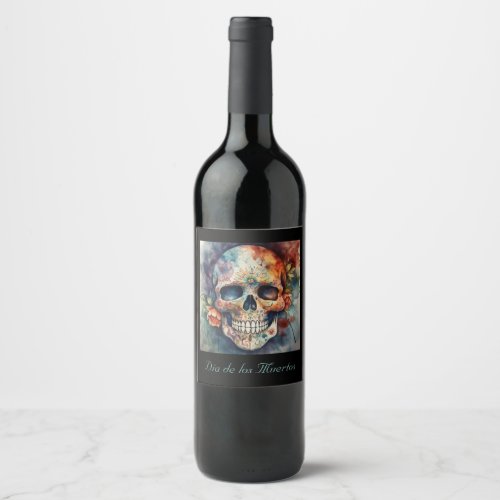 Dia de los Muertos watercolor floral painted skull Wine Label
