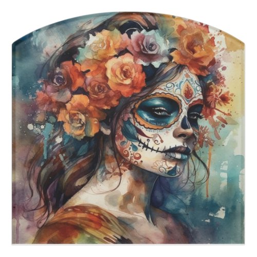 Dia de los Muertos watercolor painted face Door Sign