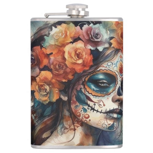 Dia de los Muertos watercolor painted face Flask