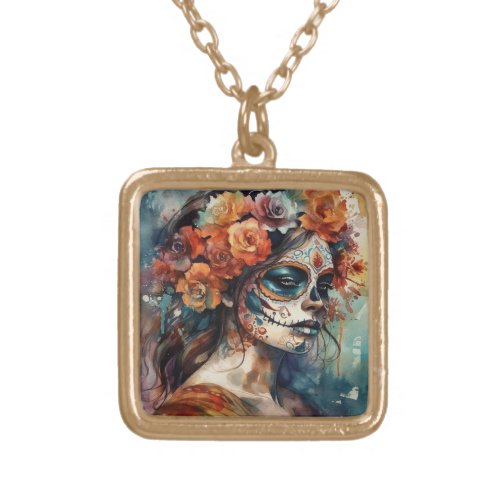 Dia de los Muertos watercolor painted face Gold Plated Necklace
