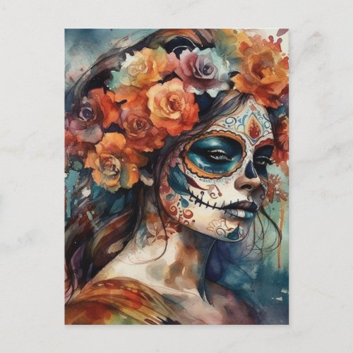 Dia de los Muertos watercolor painted face Postcard