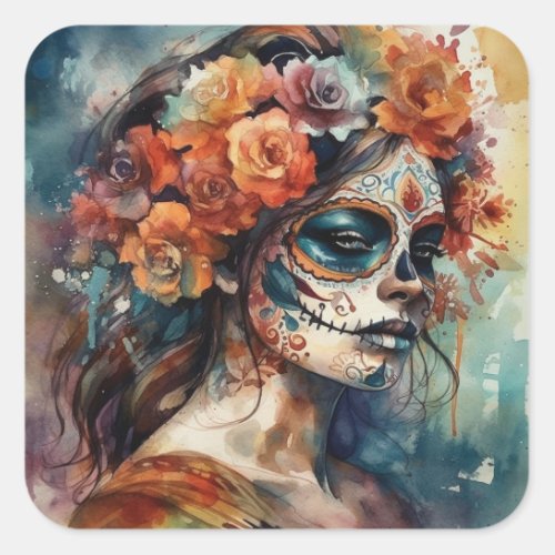 Dia de los Muertos watercolor painted face Square Sticker