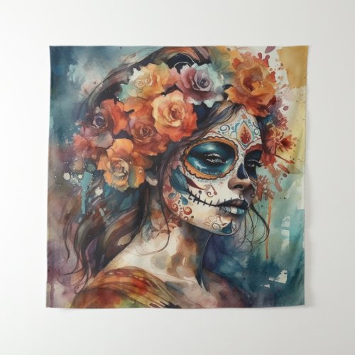 Dia de los Muertos watercolor painted face Tapestry