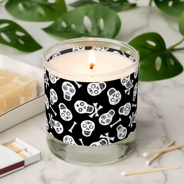 Dia de los Muertos White Paper Skulls Pattern Scented Candle (Lit)