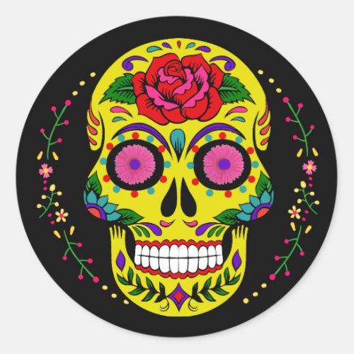 Da de los Muertos Yellow Sugar Skull Halloween Classic Round Sticker