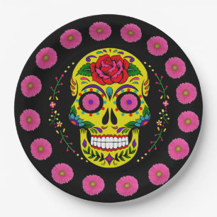 Dia de los Muertos Yellow Sugar Skull & Pink Daisy Paper Plates