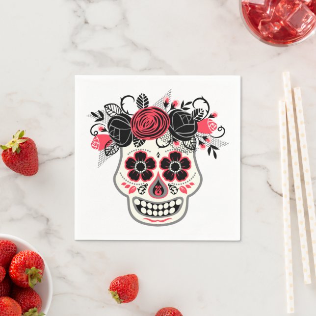 Dia de lost Muertos Sugar Skull with Roses Napkins (Insitu)