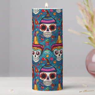 Dia de Muertos, blue sugar skulls pattern Pillar Candle