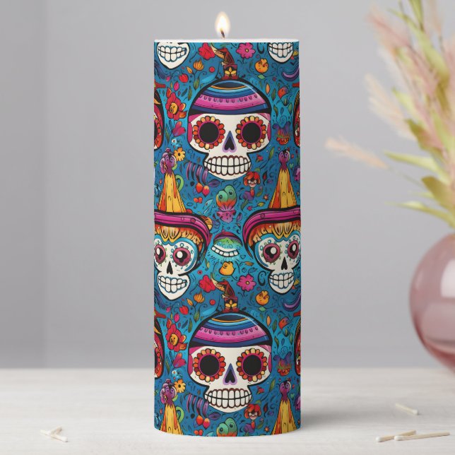 Dia de Muertos, blue sugar skulls pattern Pillar Candle (In Situ)