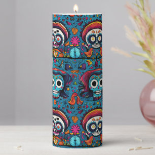 Dia de Muertos, blue sugar skulls pattern Pillar Candle