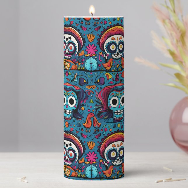 Dia de Muertos, blue sugar skulls pattern Pillar Candle (In Situ)