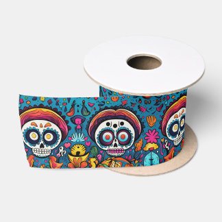 Dia de Muertos, blue sugar skulls pattern Satin Ribbon