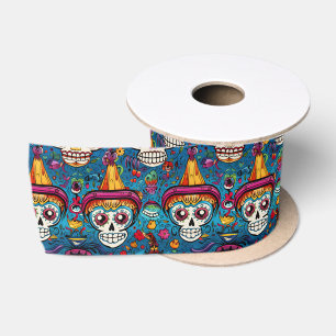Dia de Muertos, blue sugar skulls pattern Satin Ribbon