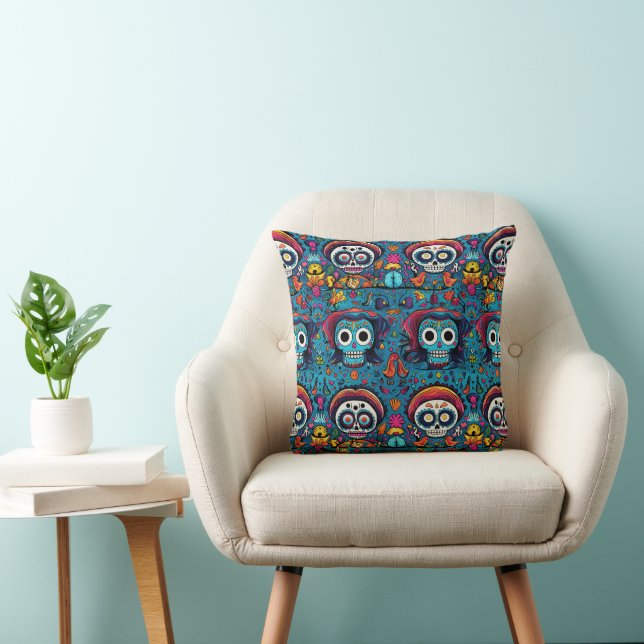 Dia de Muertos, blue sugar skulls pattern Throw Pillow (Chair)