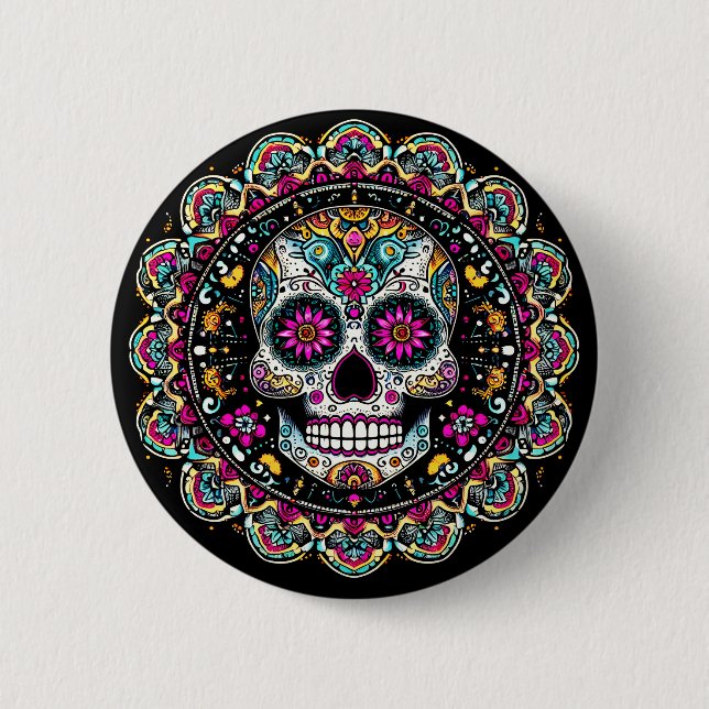 Día de Muertos Day Of The Dead Mandala Halloween Button (Front)