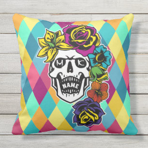 Dia de Muertos Day of the Dead Sugar Skull Custom Outdoor Pillow