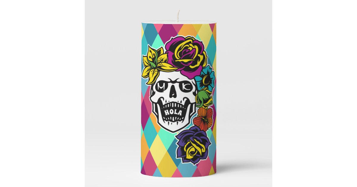 Dia De Muertos Day Of The Dead Sugar Skull Custom Pillar Candle Zazzle Com