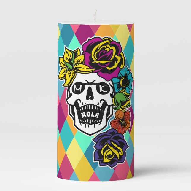 Dia de Muertos Day of the Dead Sugar Skull Custom Pillar Candle (Front)