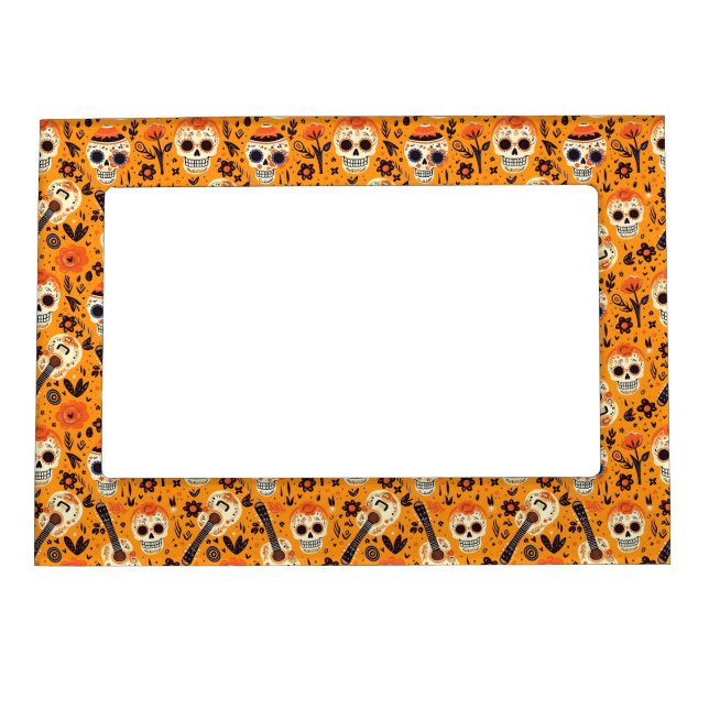 Dia de Muertos, guitars and sugar skulls orange Magnetic Frame (Front)
