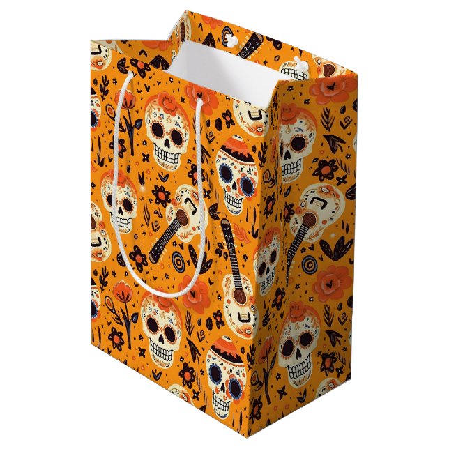 Dia de Muertos, guitars and sugar skulls orange Medium Gift Bag (Back Angled)